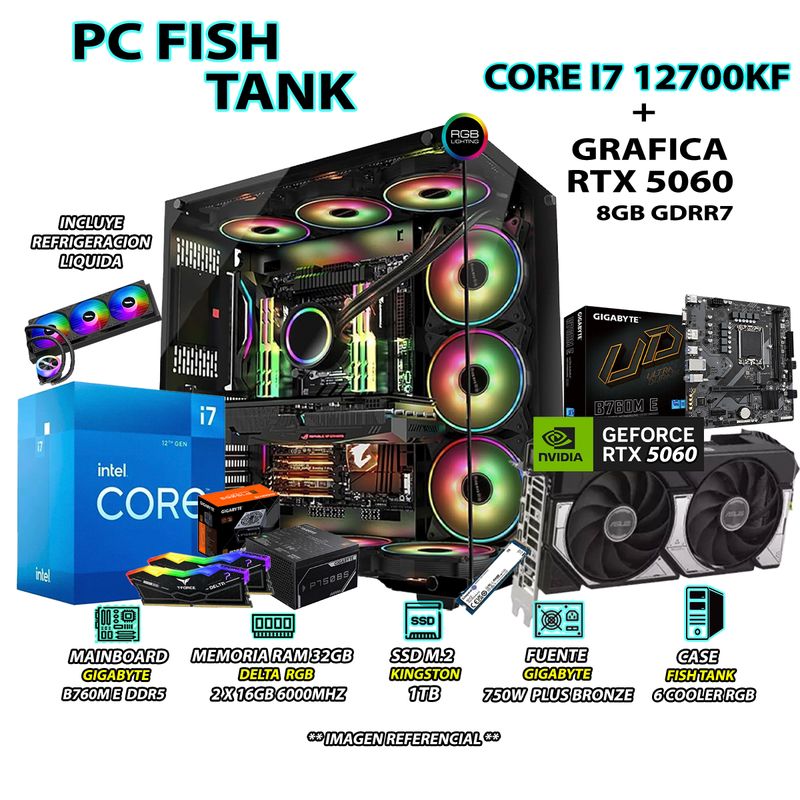 INTEL - Computadora PC Gamer Core i7 12700KF RAM 32GB SSD 1TB GRAFICA RTX 5060 8GB