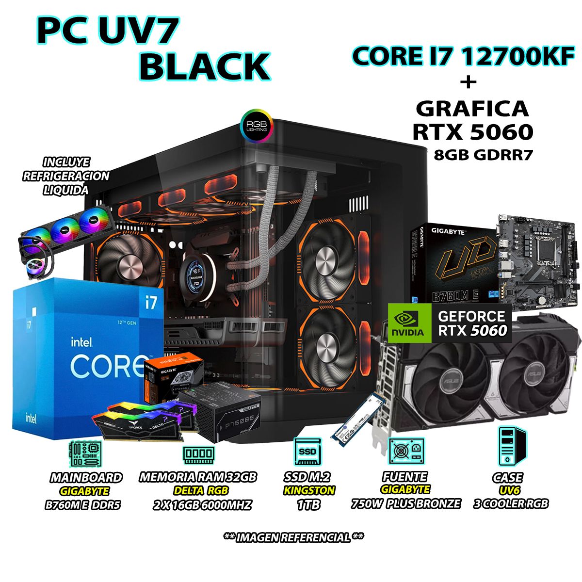 INTEL - Computadora PC Gamer Core i7 12700KF RAM 32GB SSD 1TB GRAFICA RTX 5060 8GB