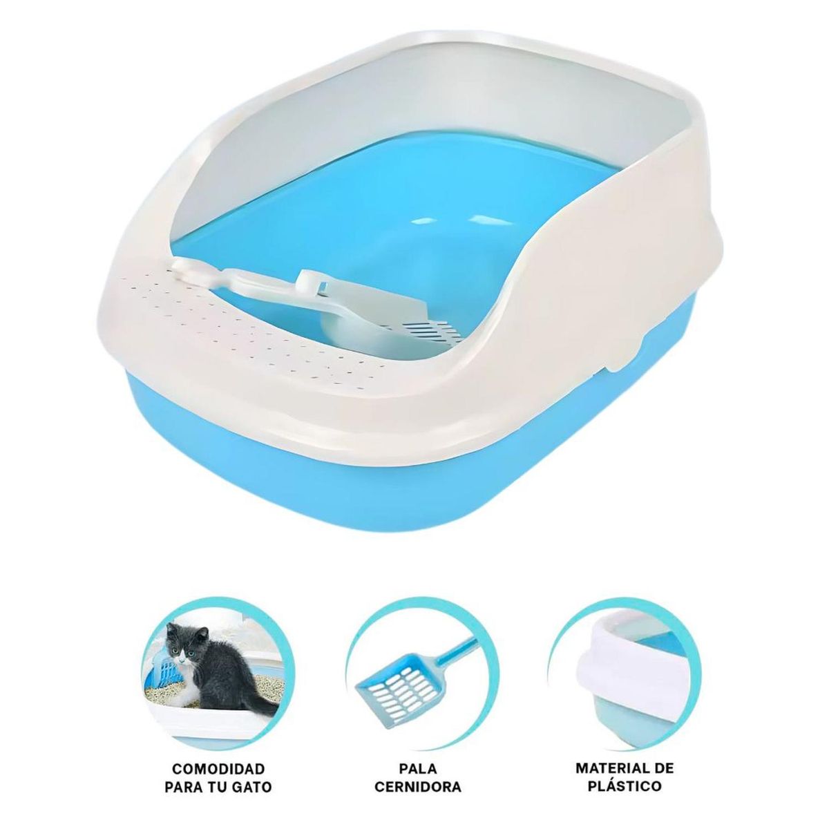 GENERICO - Caja de Arena Arenero para Gato con Pala Cernidora 21x52x37cm - Celeste - M