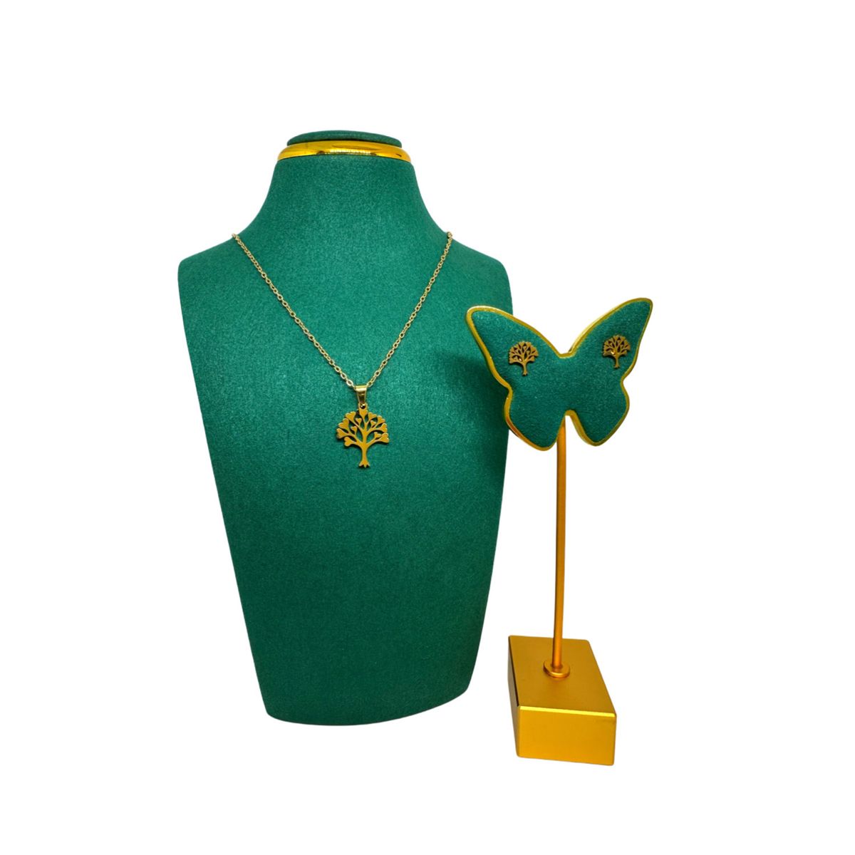 GENERICO - Pack Acero Collar con dije y Aretes - Arbol Abundancia Hoja Cor Dorado