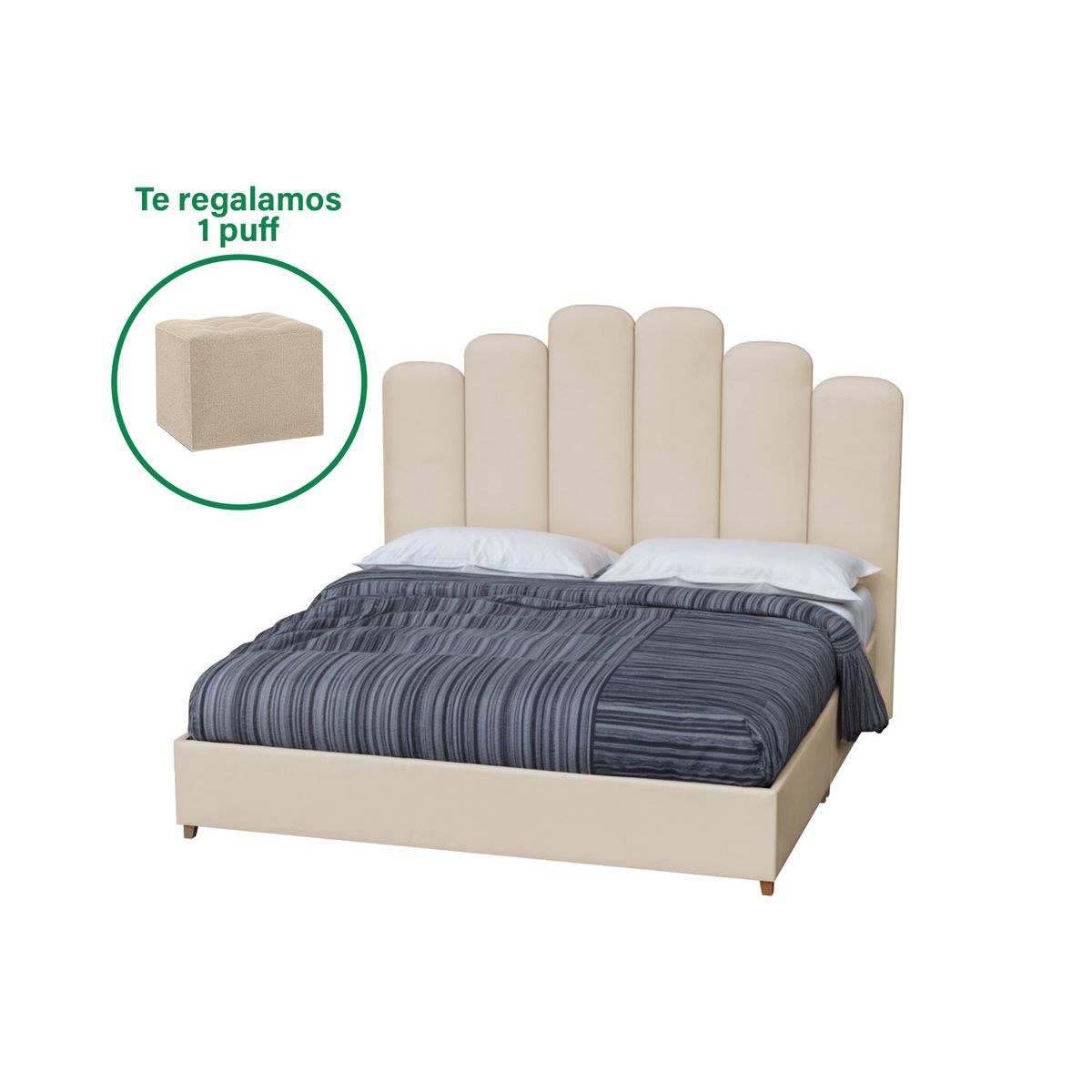 MUEBLES MACRUMO - Cama tapizada Premium Elisse Beige 2 Plz + puff gratis