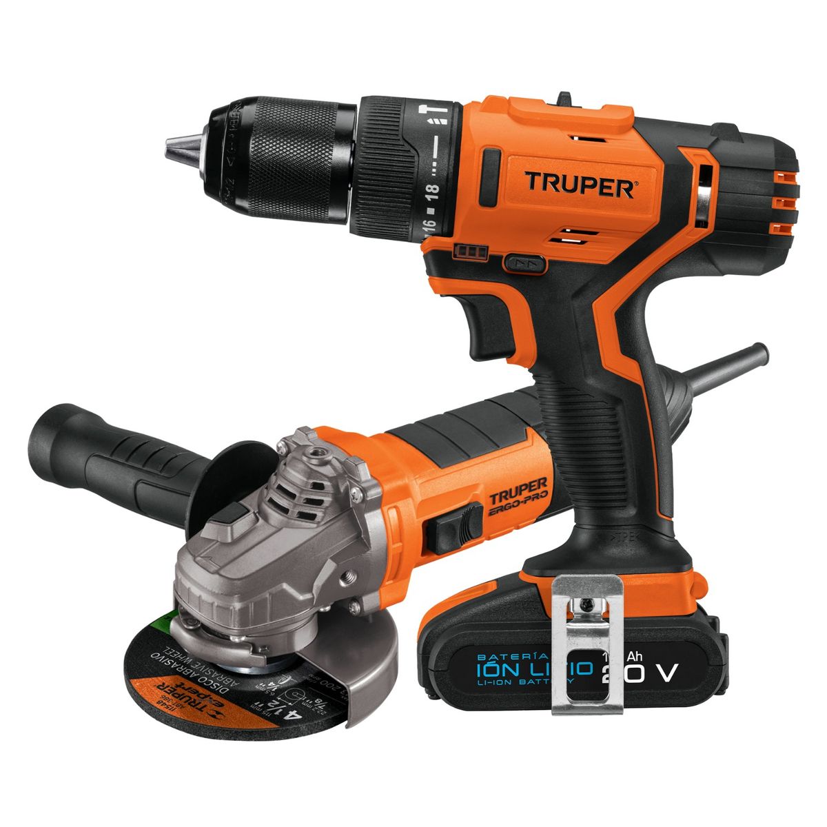 TRUPER - Taladro percutor inalámbrico 20v + Amoladora profesional 850w Truper