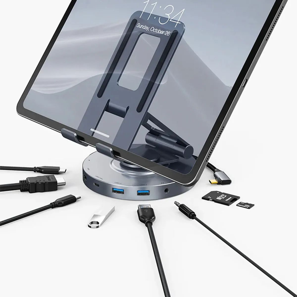 GENERICO - Hub 8en1 Usbc Soporte Aluminio Cabletime iPad Giratorio 360°