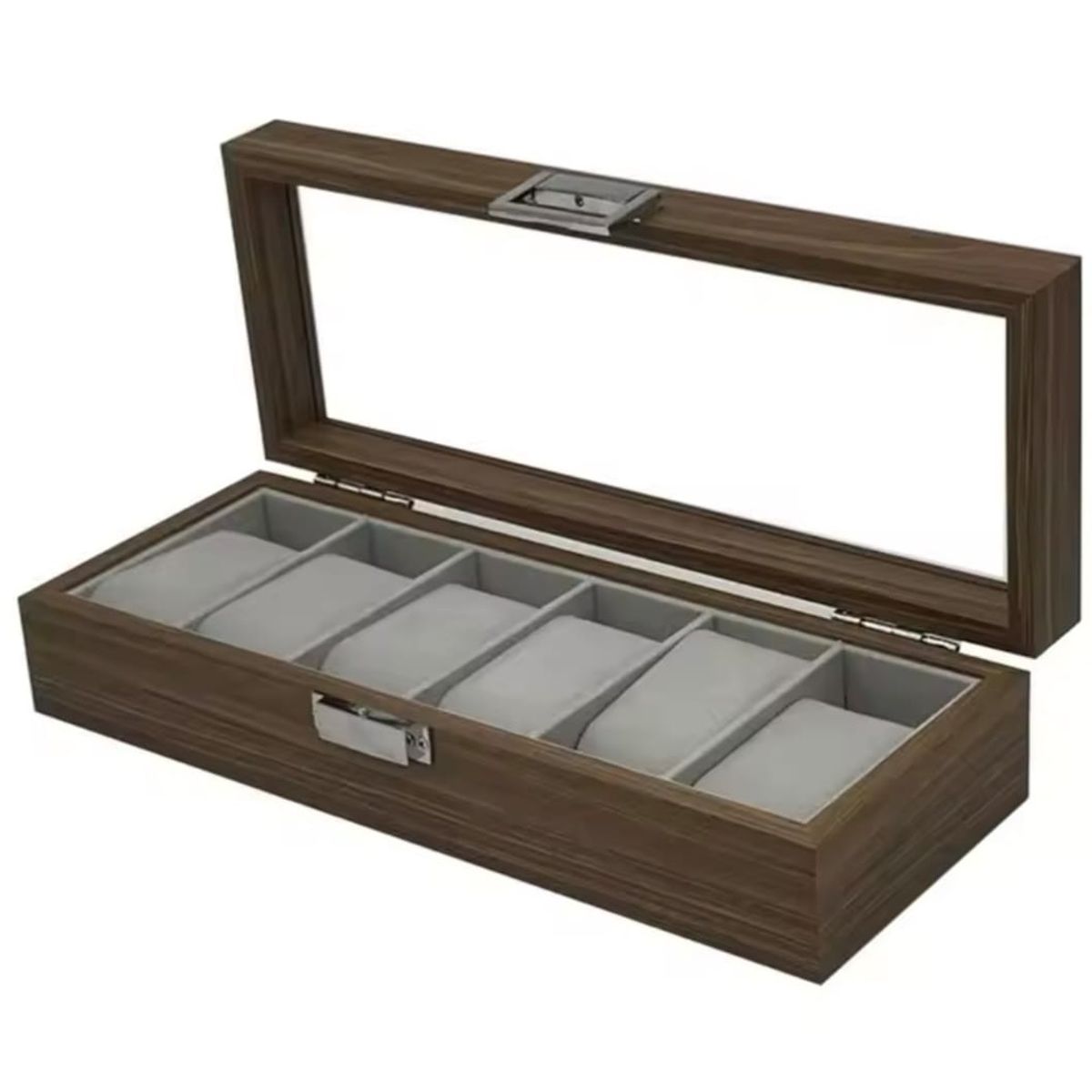 GENERICO - Porta Relojes de Madera con 6 Compartimentos y Tapa de Cristal