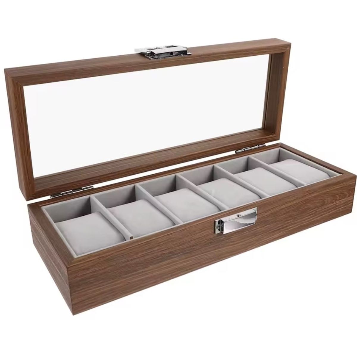 GENERICO - Porta Relojes de Madera con 6 Compartimentos y Tapa de Cristal