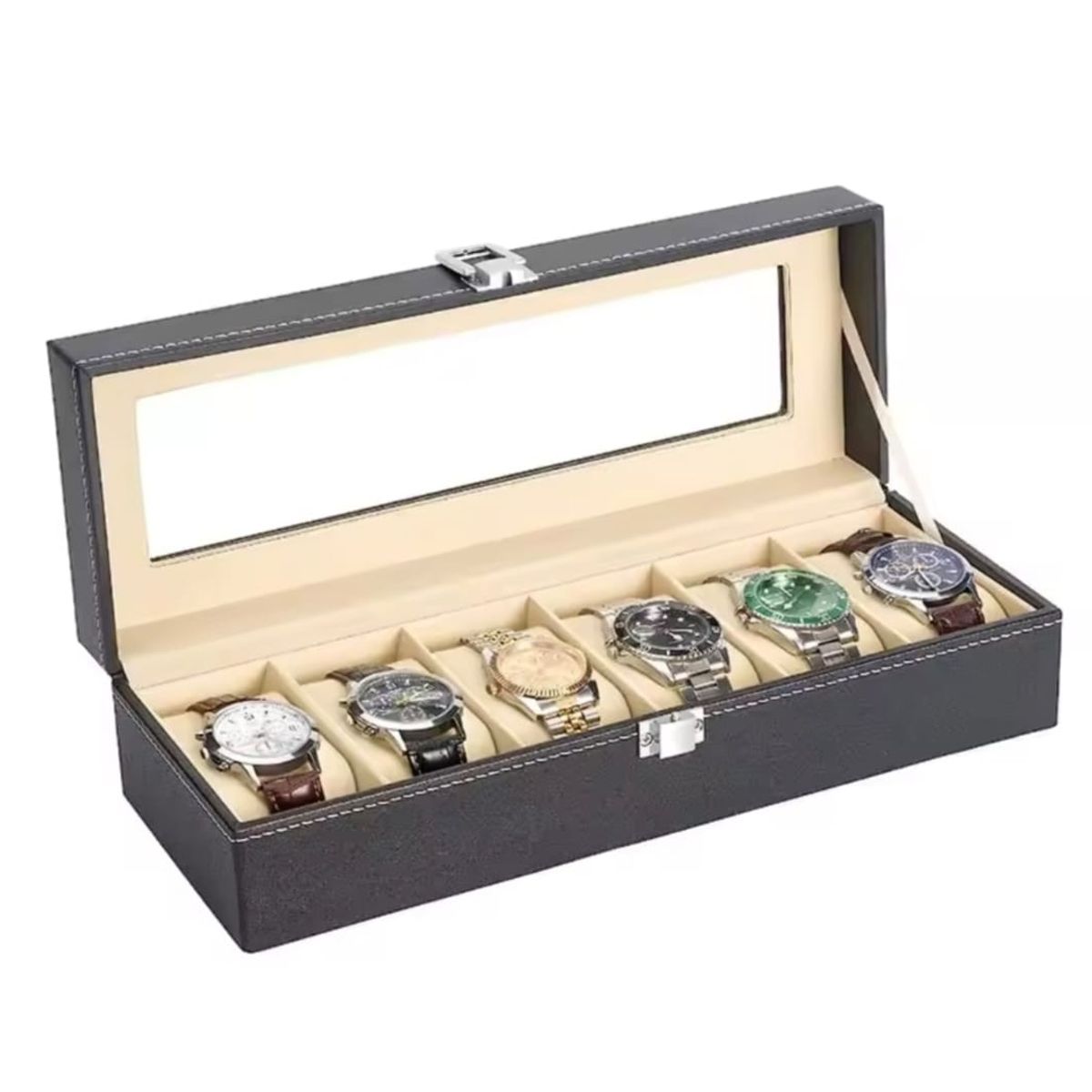 GENERICO - Porta Relojes de Cuero con 6 Compartimentos y Tapa de Cristal