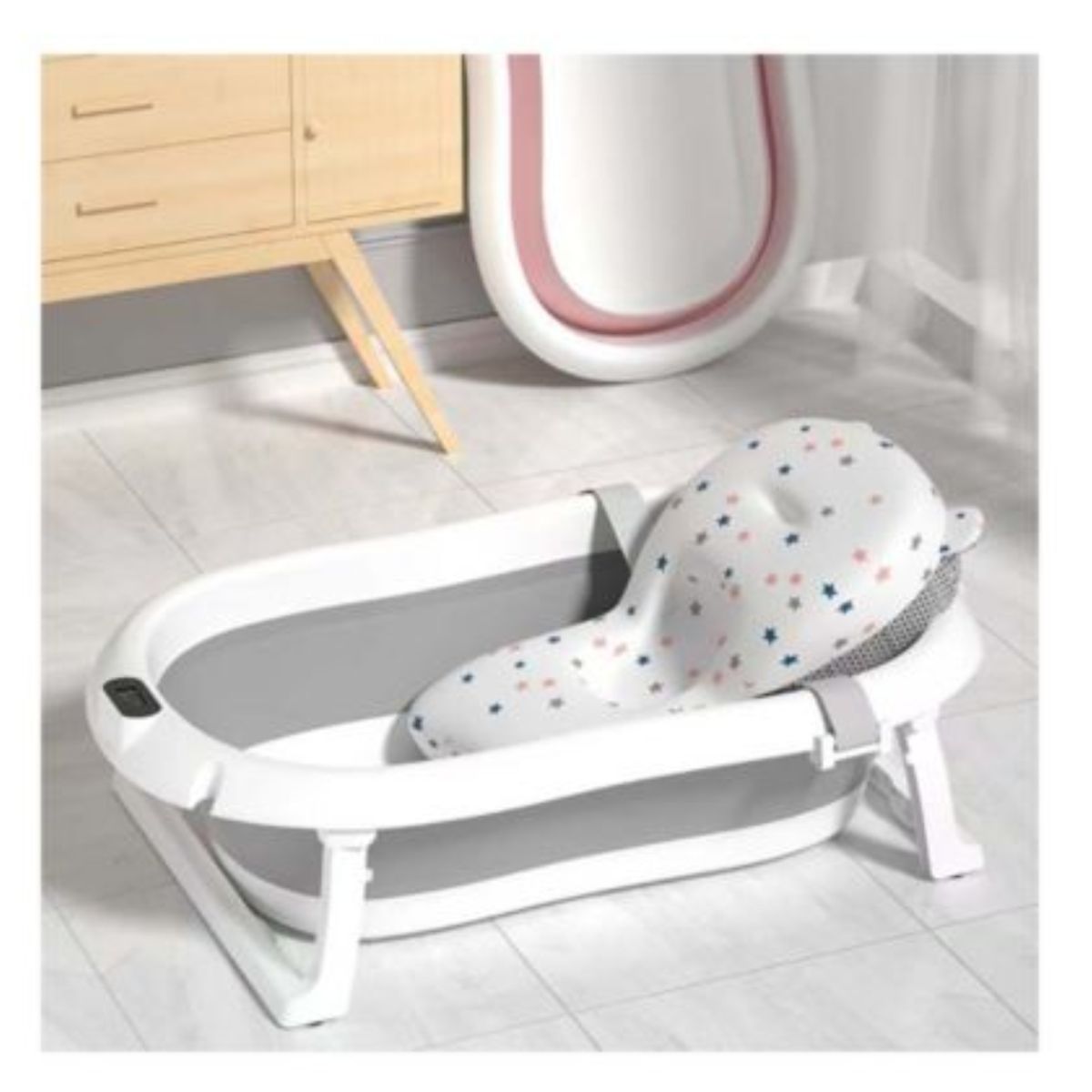 GENERICO - Bañera de Bebe Plegable+Termómetro Cojin Antideslizante Gris
