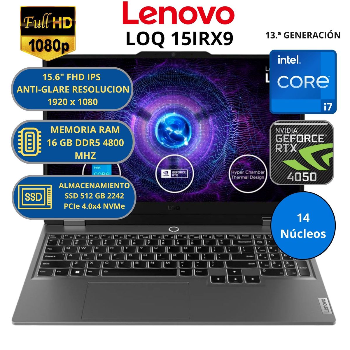 LENOVO - Laptop LENOVO  INTEL CORE i7 (LOQ 15IRX9)-RAM 16 GB SSD 512 GB RTX 4050 con 6 GB GDDR6 Windows 11