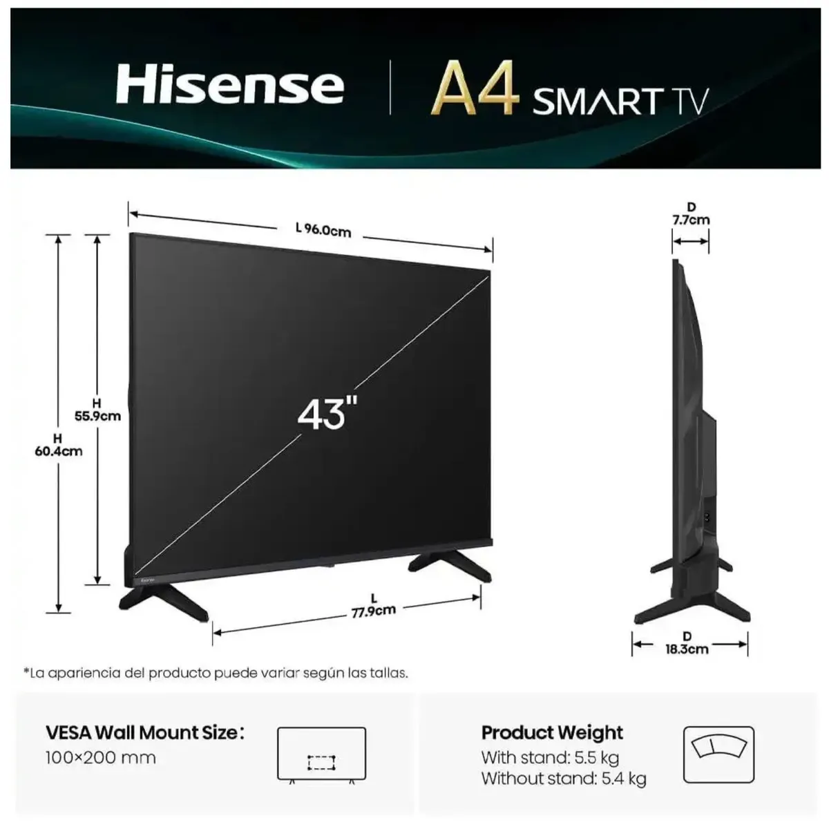 HISENSE - TELEVISOR HISENSE 43"  FHD SMART TV VIDAA 43A4NV