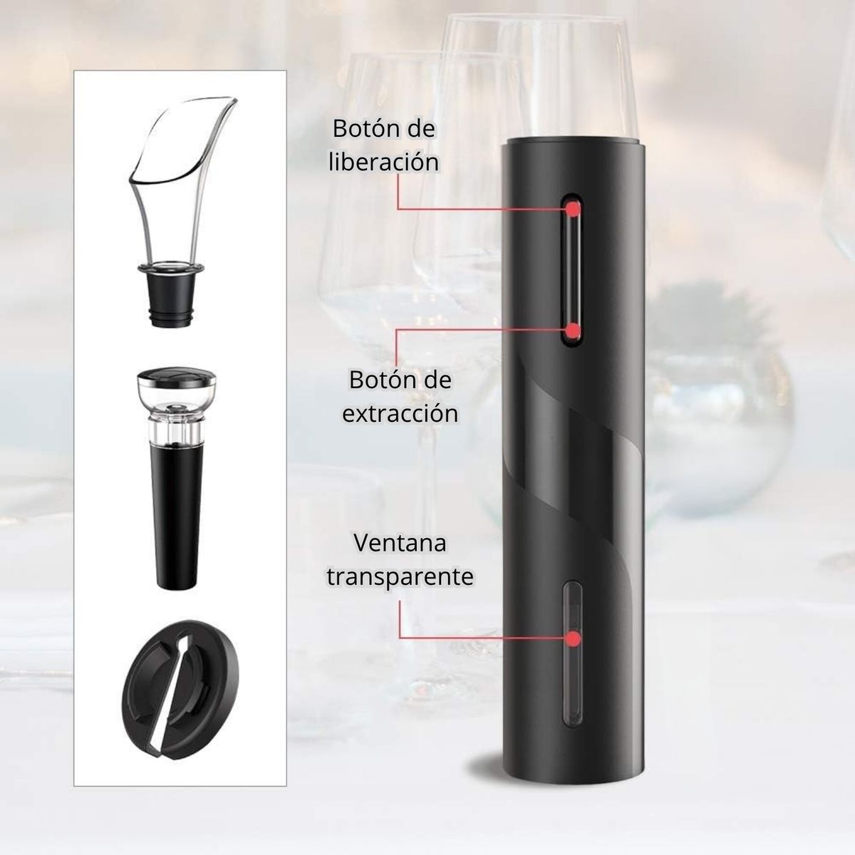 PENTHA - Saca Corcho de Vino Eléctrico más Aireador y Tapón de Vacio