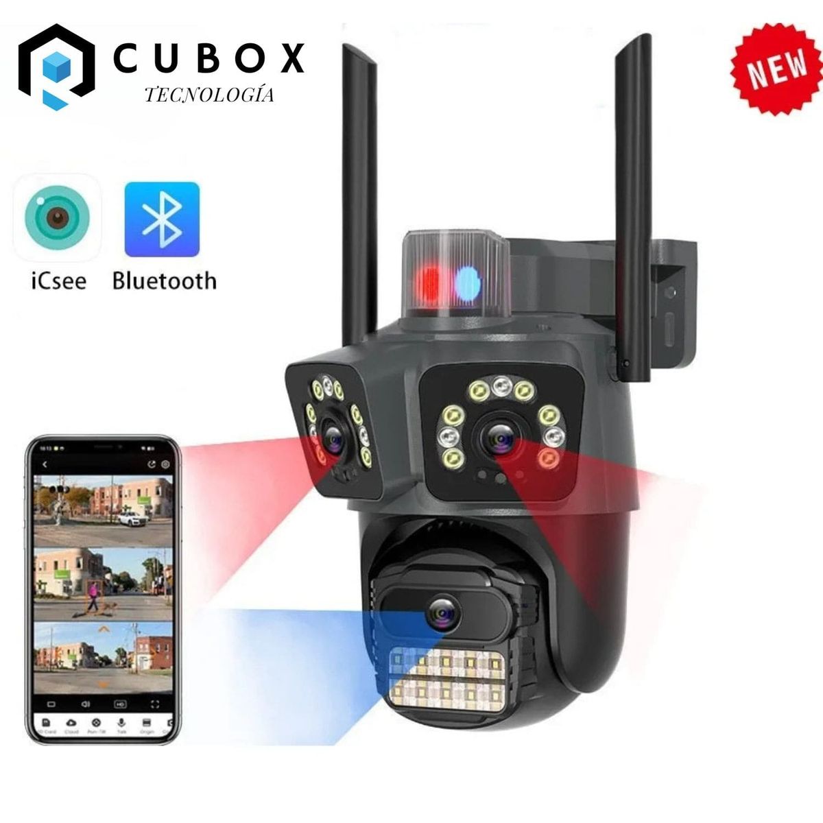 OEM - Cámara Exterior Triple Lente WiFi  Visión 360° PTZ Alarma y Sonido Activo