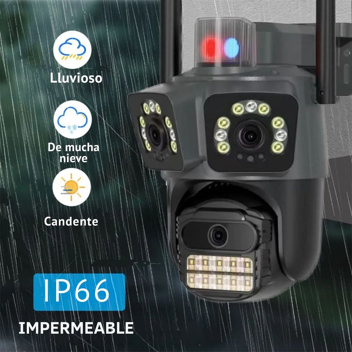 OEM - Cámara Exterior Triple Lente WiFi  Visión 360° PTZ Alarma y Sonido Activo