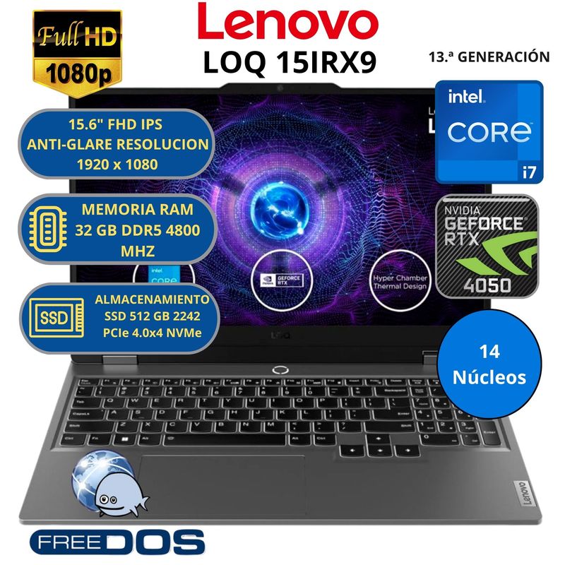 LENOVO - Laptop Lenovo LOQ 15IRX9 INTEL CORE i7-RAM 32 GB SSD 512 GB RTX 4050 con 6 GB GDDR6