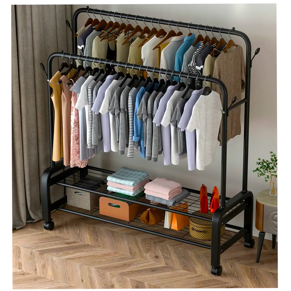 GENERICO - Perchero Doble Colgador Ropa 68Kg Con 2 pisos C Ruedas Moderno