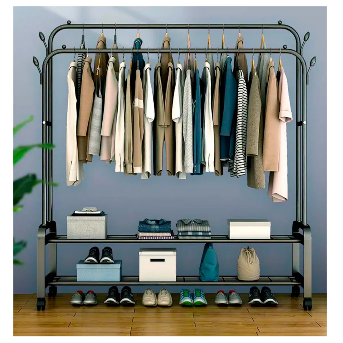 GENERICO - Perchero Doble Colgador Ropa 68Kg Con 2 pisos C Ruedas Moderno