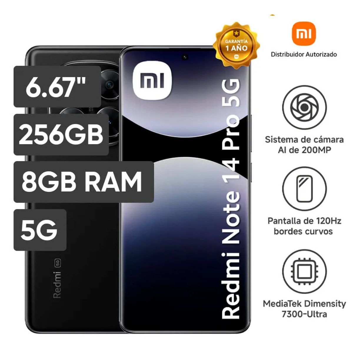 XIAOMI - CELULAR XIAOMI REDMI NOTE 14 PRO 5G 256GB 8GB 200 MP 6.67" NEGRO