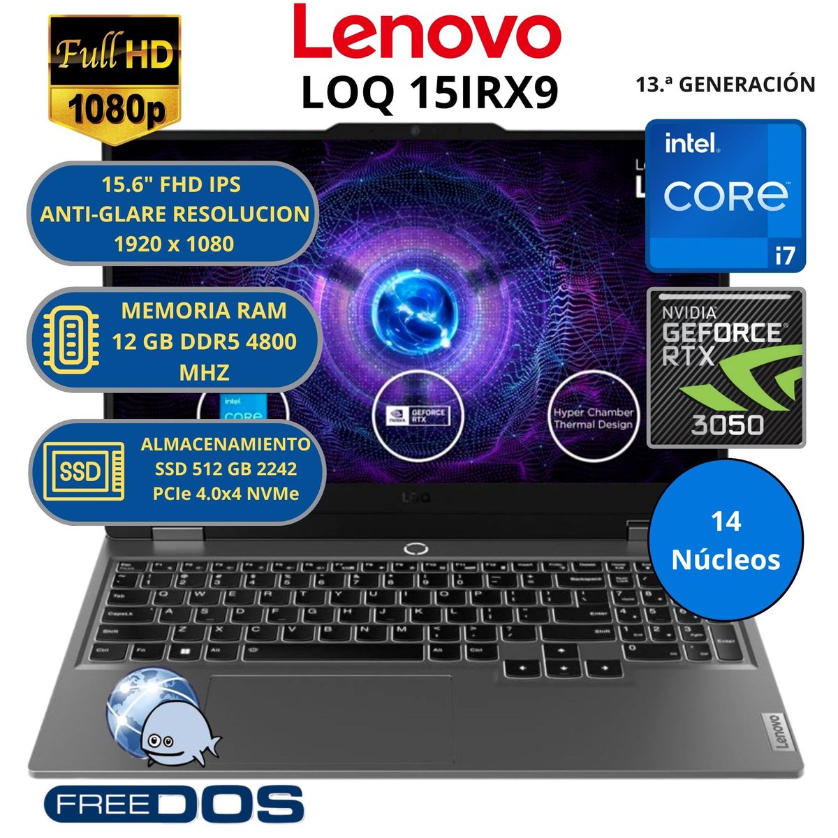LENOVO - Laptop Lenovo INTEL CORE i7 (LOQ 15IRX9)-RAM 12 GB SSD 512 GB RTX 3050 con 6 GB GDDR6 Windows 11