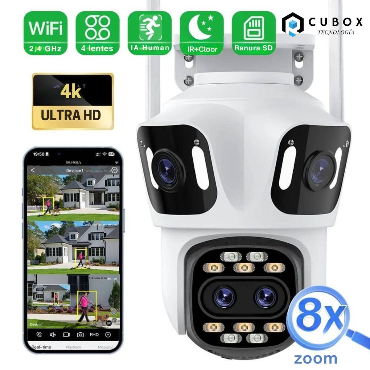 OEM - Cámara IP WiFi Exterior Triple Lente  Giro 360° Alarma y Audio Inteligente