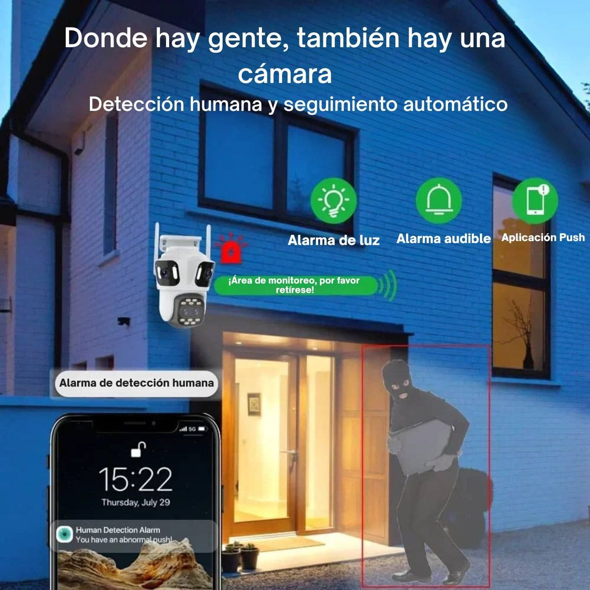 OEM - Cámara IP WiFi Exterior Triple Lente  Giro 360° Alarma y Audio Inteligente