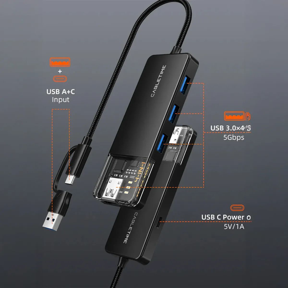 GENERICO - Hub Usb Cabletime 4 En 1 Multipuerto 4puertos Usb 3.0 5 Gbps