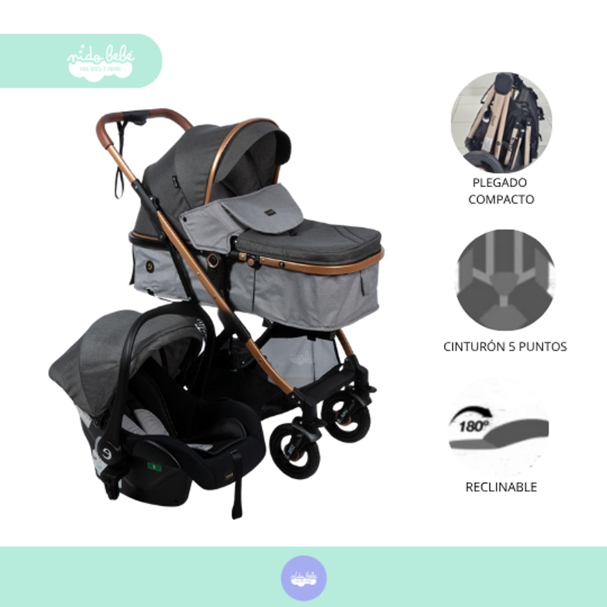 BABY - Coche Cuna de Lujo Moises Bimb Grey premium