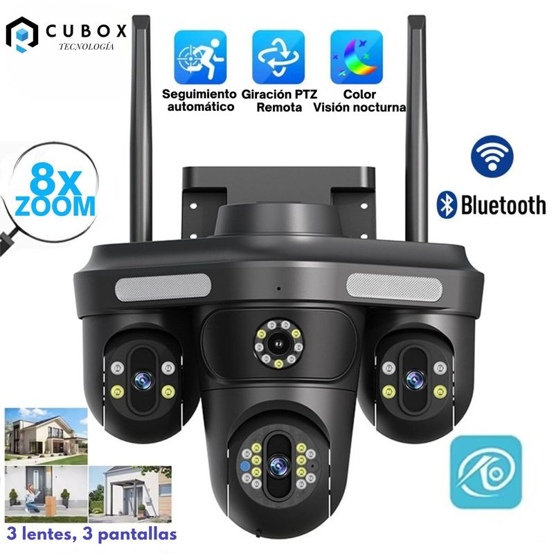 OEM - Cámara WiFi 360° FHD – 4 Lentes, Alarma, Sirena y Protección IP66 para Exteriores