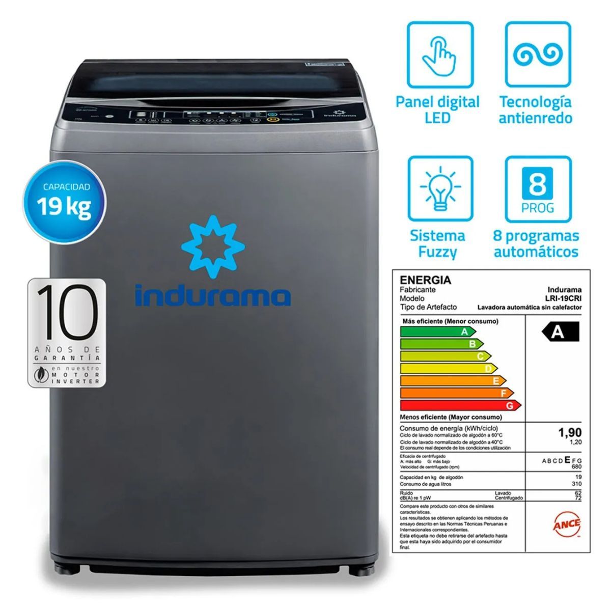 INDURAMA - Lavadora Inverter 19Kg Inox Indurama