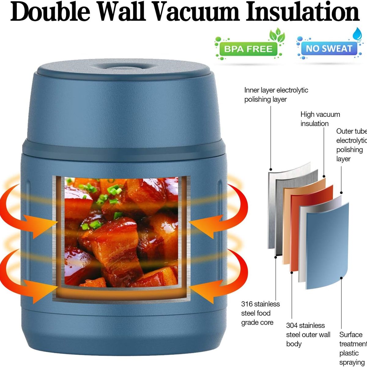 FJBOTTLE - FJBottle - Termo para almuerzo 500ml de acero inoxidable - Azul Claro