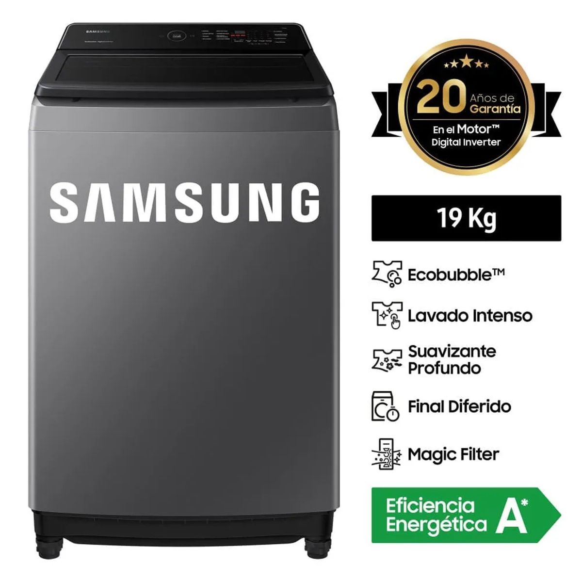 SAMSUNG - LAVADORA SAMSUNG 19 KG CARGA SUPERIOR ECOBUBBLE WA19CG6441BDPE GRIS