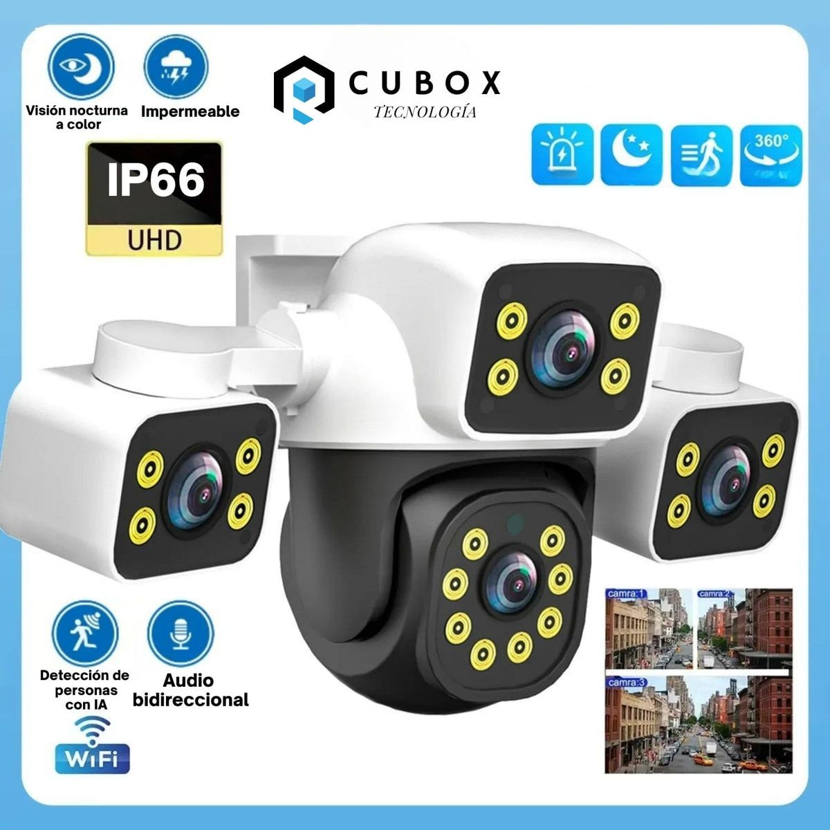 OEM - Cámara PTZ 360° WiFi Triple Lente Seguridad Exterior con Audio Alarma y Giro Total