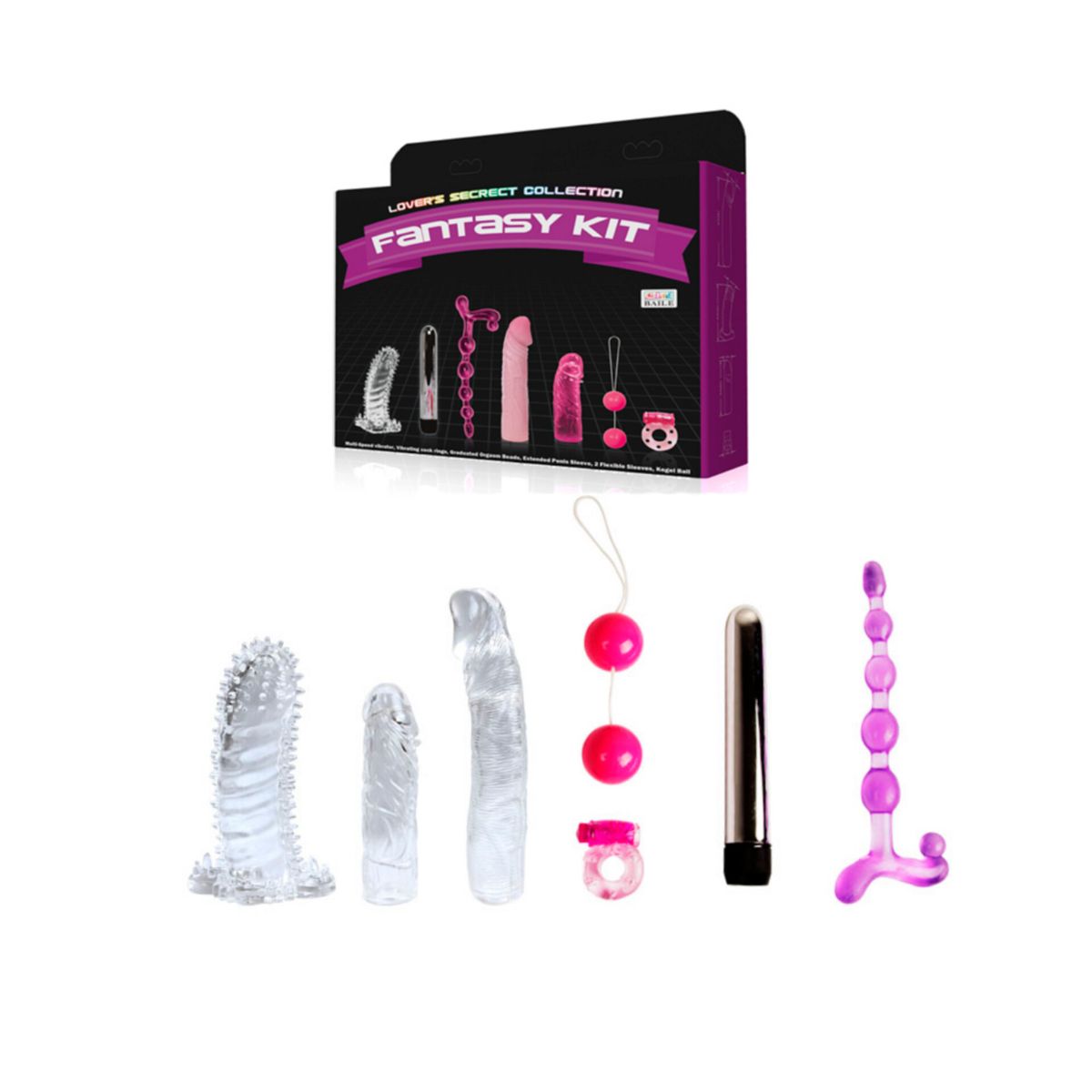 BAILE - KIT FANTASY FUNDA VIBRADOR PLUG ANILLO BOLAS GUEISHA 7 PIEZAS