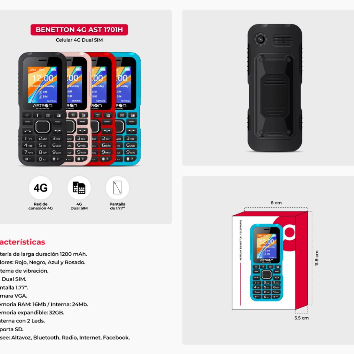 ASTROM - Celular Astrom 1701H Dual Sim 4G Color Rosado 2.4 benethon