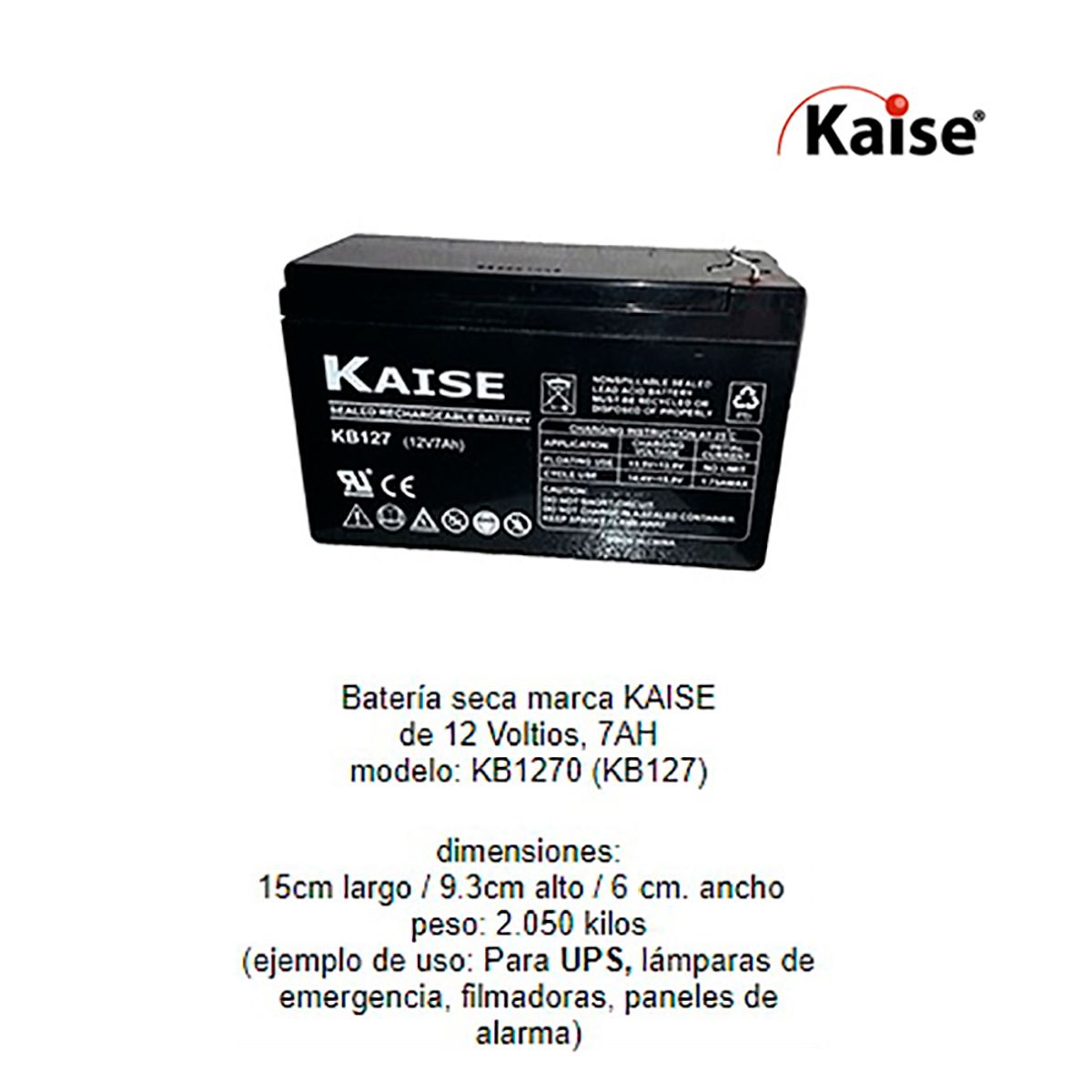 GENERICO - Batería Seca Recargable 12 voltios 7 Ah KAISE KB1270 - UPS