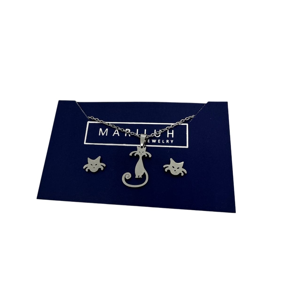 GENERICO - Pack Acero Collar con dije y Aretes - Gato Sorprendido II Plateado