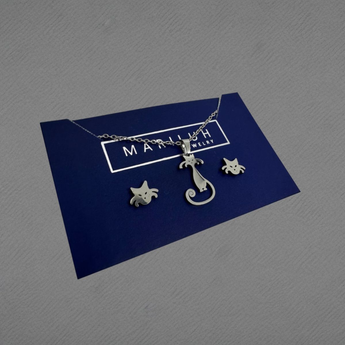 GENERICO - Pack Acero Collar con dije y Aretes - Gato Sorprendido II Plateado