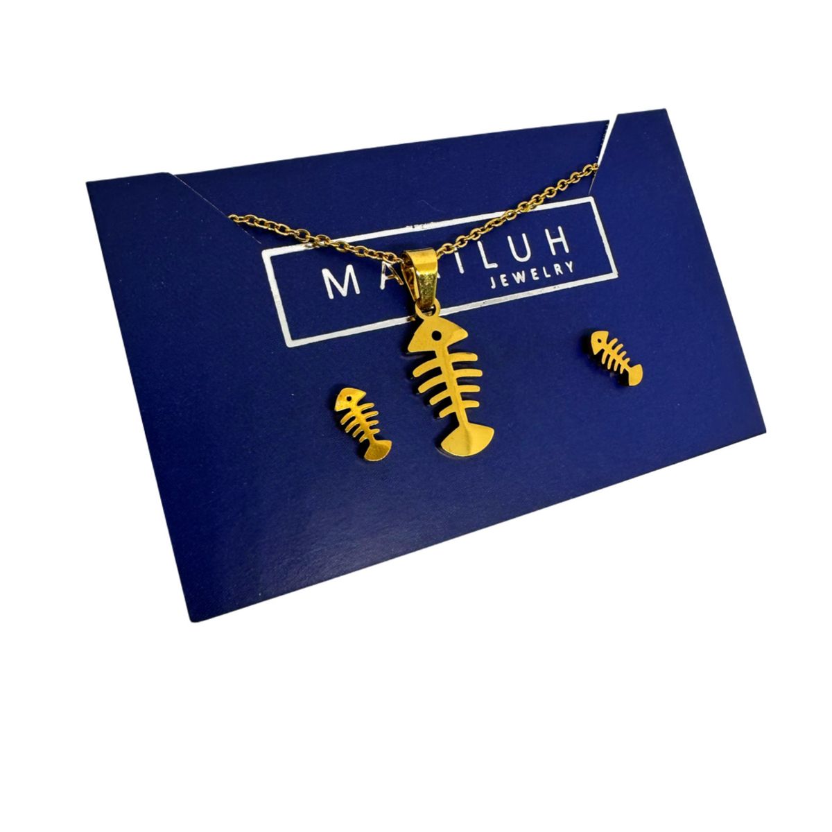 GENERICO - Pack Acero Collar con dije y Aretes - Esqueleto Pez Mod II Dorado