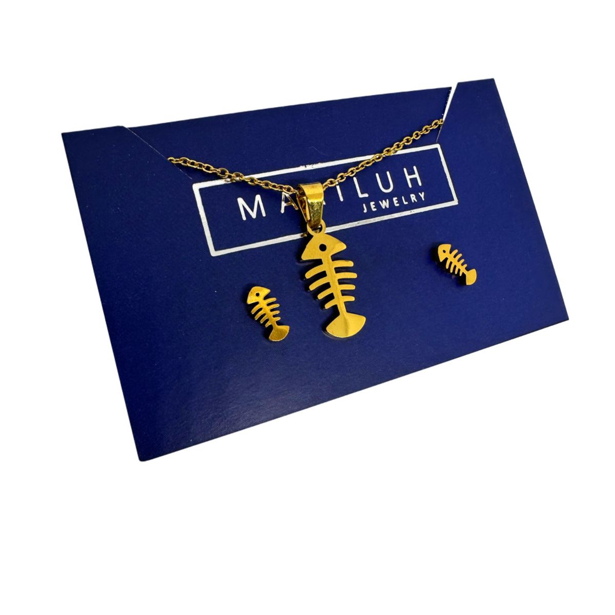 GENERICO - Pack Acero Collar con dije y Aretes - Esqueleto Pez Mod II Dorado