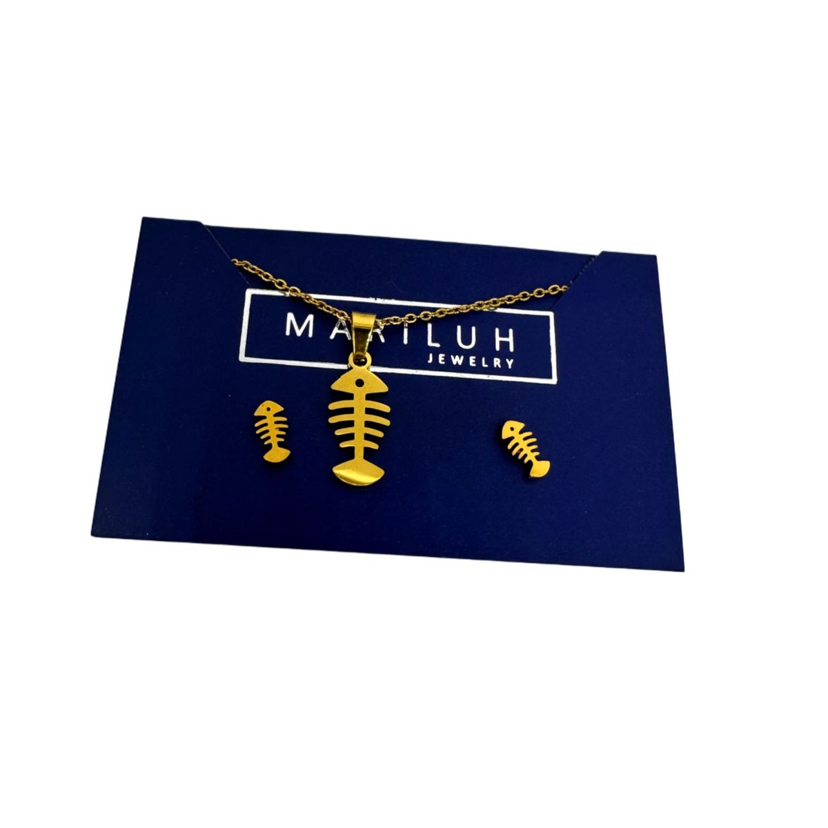 GENERICO - Pack Acero Collar con dije y Aretes - Esqueleto Pez Mod II Dorado