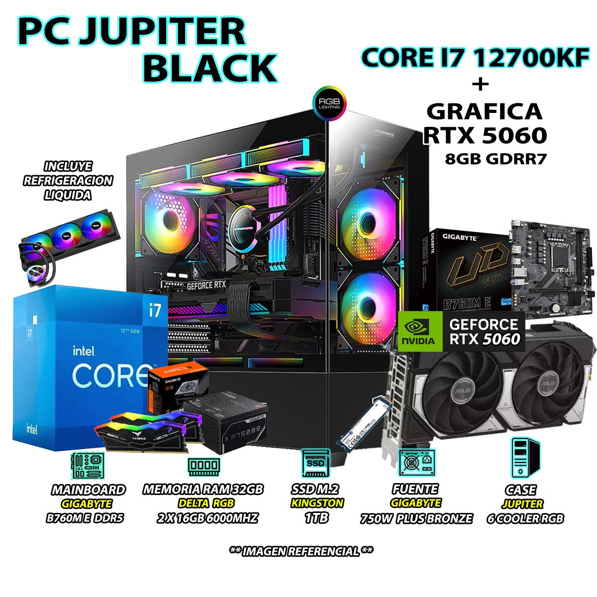 INTEL - Computadora PC Gamer Core i7 12700KF RAM 32GB SSD 1TB GRAFICA RTX 5060 8GB