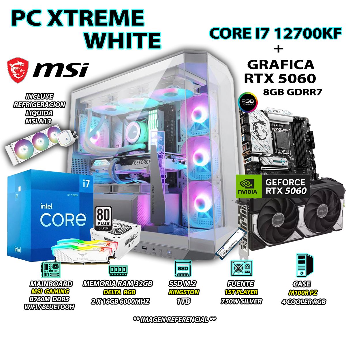 INTEL - Computadora PC Gamer Core i7 12700KF RAM 32GB SSD 1TB GRAFICA RTX 5060 8GB