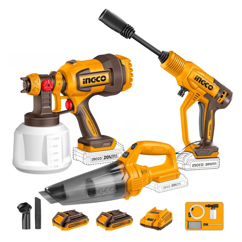 INGCO TOOLS - Combo 20V Hidrolavadora + Pistola para Pintar + Aspiradora Inalámbrica Ingco