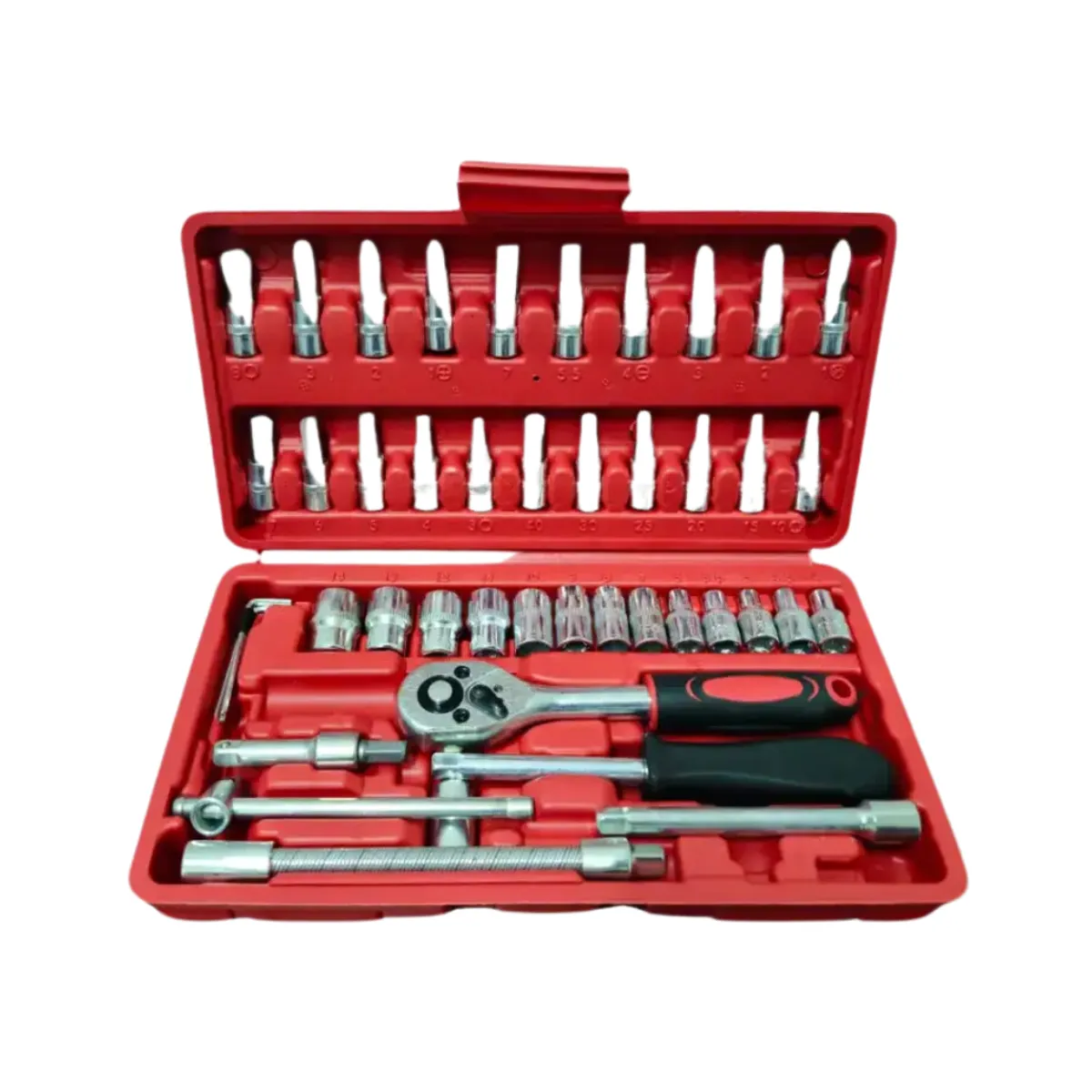 GENERICO - Juego de Herramientas 46 Piezas con Estuche y Dados 1/4 Acero Cromado