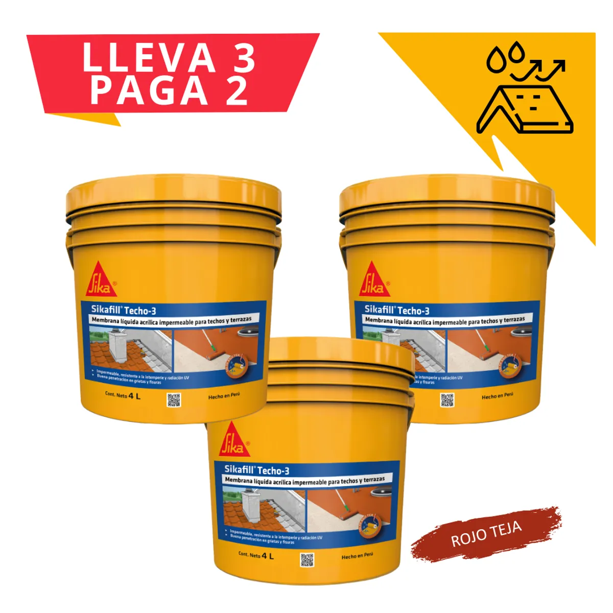 SIKA - 3x2 Impermeabilizante para Techos Sikafill Techo 3 x 4L Rojo Teja