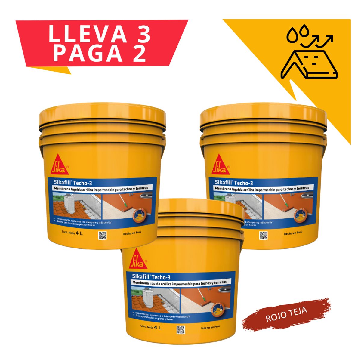 SIKA - 3x2 Impermeabilizante para Techos Sikafill Techo 3 x 4L Rojo Teja