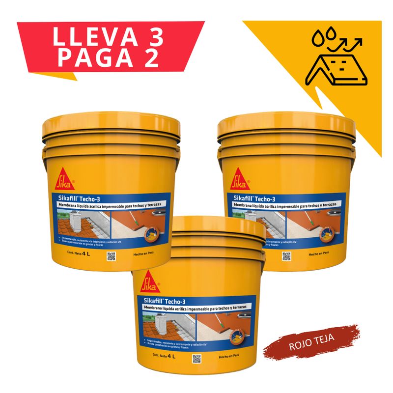 SIKA - 3x2 Impermeabilizante para Techos Sikafill Techo 3 x 4L Rojo Teja