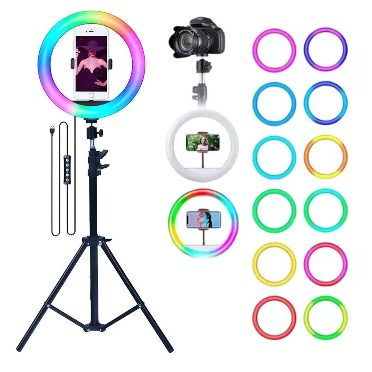 GENERICO - Aro Luz LED RGB Profesional de 30cm + Trípode + Control Remoto