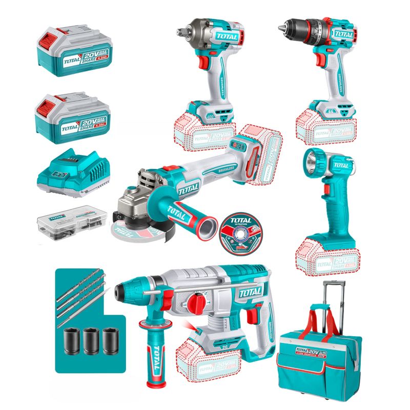 TOTAL TOOLS - Taladro + Llave  Impacto + Rotomartillo + Amoladora + Linterna Total