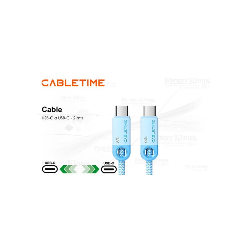 GENERICO - Cable Usb-C A Usb-C 2 Metros Cabletime Cup3L 60W, Velocidad De Carga Rápida, Color Azul