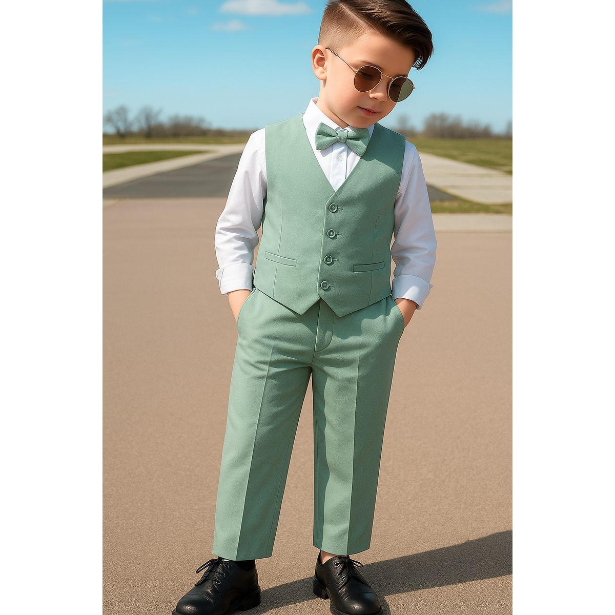 GENERICO - Conjunto pantalón y chaleco verde olivo niño