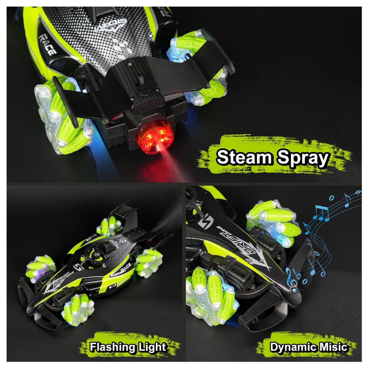 GENERICO - Carro Acrobático a Control Remoto Verde Bota Humo con Luces